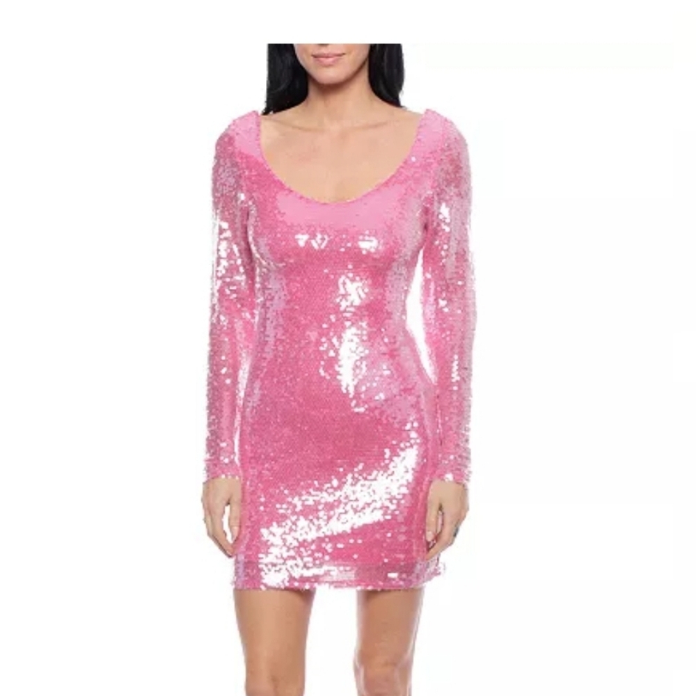 Bodycon Sequin Long Sleeve Pink Dress XS